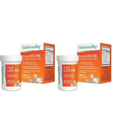 NatureCity True-Life-PB Shelf Stable Blend Prebiotics and Probiotics for Women and Men - Digestive Gut Health Supplements for Women and Men - Dairy Free - (30 Veggie Capsules) (Pack of 2)