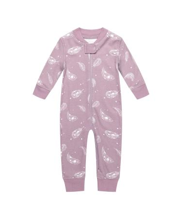 Owlivia Organic Cotton Baby Boy Girl Zip Up Sleep N Play Footless Baby Romper Long Sleeve Baby Pyjama (Size newborn-24 Months) Feather 12-18 Months