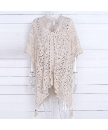 Martmory Women's Short Sleeve V-Neck Crochet Swimsuit Coverup - Beige, One Size - Buy Online on GoSupps.com