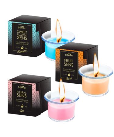 HOT Flowers Beeswax Body Scented Massage Candle Set - Low Heat Oil Warmer - Skin Safe Moisturize - Set of Three 0.7 oz Each - Romance Sweet Floral Charm Fruit Love Floral