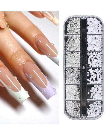 AUTUUCKEE White Pearls for Nails 1 Box/12 Grids for Women Nail Charm Art Decoration Half Round Pearl Flat Back DIY