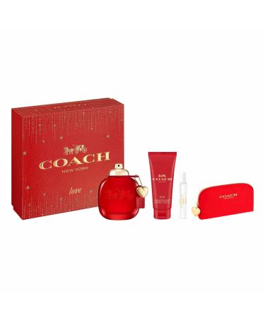 Coach Love Eau de Parfum 4 Piece Set - 3.0 fl. oz. & 0.25 fl. oz. Spray 3.3 fl. oz. Body Lotion Pouch - Long Lasting Fragrance with notes of Strawberry Red Velvet Rose & Cedarwood - Floral & Fruity