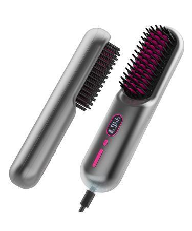 Cordless Hair Straightener Brush iTayga Upgraded Portable Hair Straightener Brush for Women with Travel Size 2 in 1 Negative Ion Wireless Hair Straight Comb 9600MAH USB Rechargeable Gray