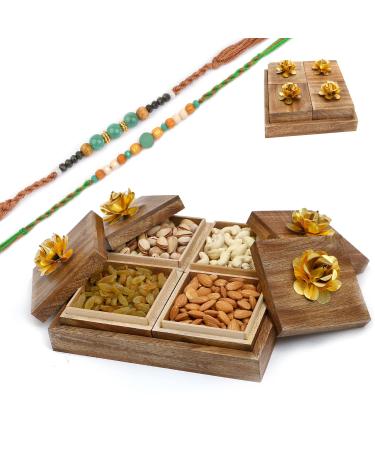 Ghasitaram Gifts Rakhi Gifts for Brothers Wooden 4 Dryfruits Box with 2 Green Beads Rakhis Wooden 4 Dryfruits Box with 2 Rakhis