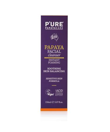 P'URE PAPAYA CARE Foaming Facial Cleanser 150ml - Vegan Make Up Remover Exfoliating Face Wash - Papaya Enzymes Bilberry Extract Calendula Face Wash - Sensitive Skin - Cruelty Free Natural Skincare
