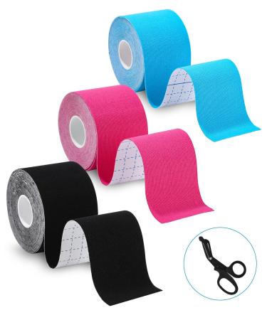 Tidevan 3 Roles Sporttape (5m x 5cm) Kinesiology Tape Physio Tape Sport Tape Set Waterproof & Skin -friendly Kinesiotap with special scissors for knee pain elbows and shoulder