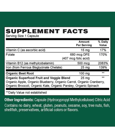 PlantFusion Vegan Iron Supplement for Women & Men - Gentle Plant-Based Iron with Vitamin C Methyl B12 Folate - Non-Constipating Wholefood Iron Pills for Energy Anemia & Blood Support 60 Capsules Iron Blood Support - Buy Online on GoSupps.com