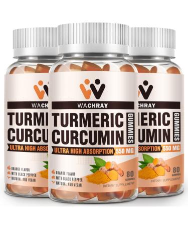 Turmeric Curcumin Gummies with Ginger & Black Pepper Extract - 3 Pack Tumeric Gummy Supplements for Pain Inflammation Joint Weight Health Support - Vegan Organic Gelatin-Free - for Adults and Kids 80 Count (Pack of 3)