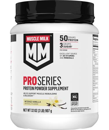 Muscle Milk Pro Series Protein Powder Supplement, Intense Vanilla, 2 Pound, 11 Servings, 50g Protein, 3g Sugar, 20 Vitamins & Minerals, NSF Certified for Sport, Workout Recovery