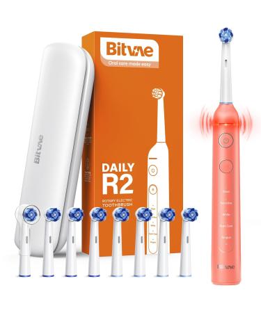 Bitvae R2 Rotating electrical toothbrush for adults with 8 brush heads travel case 5 modes rechargeable toothbrush with pressure sensor coral orange koralle orange 1 package