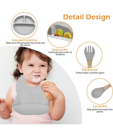 5pcs Baby Weaning Set with Adjustable Bib, Suction Bowl, Spoon & Fork - BPA Free Toddler Feeding Sets in Grey - Buy Online on GoSupps.com