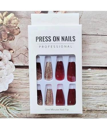 Summer Wine Red & Sparkle Gold Powder Press On Nails - 24Pcs Medium Coffin Square False Acrylic Nails for Women - Buy Online on GoSupps.com