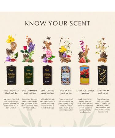 Dukhni Attar Oil Set - Authentic Arabic Fragrance Oils - Alcohol-Free Halal Blends - Oud Mukhalat, Oud Mubakhar, Oud Abyad, Oud Ya Aini, Attar Al Bakhoor, Ambar Oud 6ml Each - Buy Online on GoSupps.com