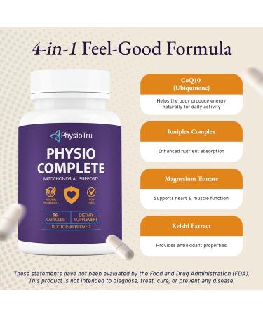 PhysioTru Physio Complete CoQ10 Supplement - Superior Nutrient Absorption Antioxidant & Energy Support - Coenzyme Q10 Ubiquinone with Fulvic Acid Magnesium Taurate & Reishi Extract - 1 Pack 56 Count (Pack of 1) - Buy Online on GoSupps.com