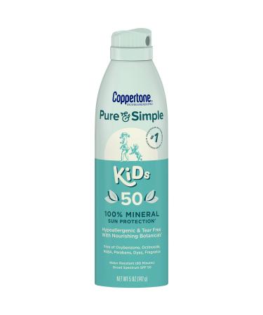 Coppertone Pure and Simple Kids Spray Sunscreen, Zinc Oxide Mineral Sunscreen Spray, SPF 50 Broad Spectrum Sunscreen for Kids, 5 Oz