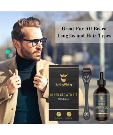 Striking Viking Beard Growth Kit: Beard Roller & Biotin Oil Set for Thickening and Conditioning Beards - Sandalwood Scented - Men's Facial Hair Growth Essentials - Buy Online on GoSupps.com