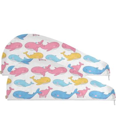 Pink Yellow Blue Whales Hair Towel 2 Pack | Super Absorbent Quick Dry Hair Turbans for Women & Girls - Buy Online on GoSupps.com