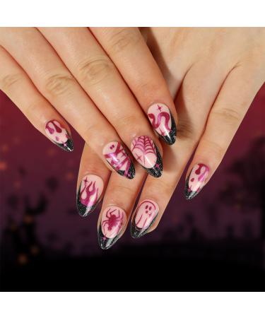 24Pcs Oval False Nails Medium - Black Pink Fake Nails Spider Web Fire Press on Nails - Snake Print Halloween Acrylic Stick on Nails for Women and Girls (Halloween Black & Pink)