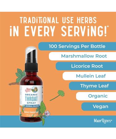 MaryRuth Organics USDA Organic Throat Spray with Mullein Leaf | Marshmallow Root & Licorice Root & Thyme Leaf | 4 Herbal Blend | Non-GMO | Vegan | Gluten Free | 1 Fl Oz | Up to 100 Servings - Buy Online on GoSupps.com