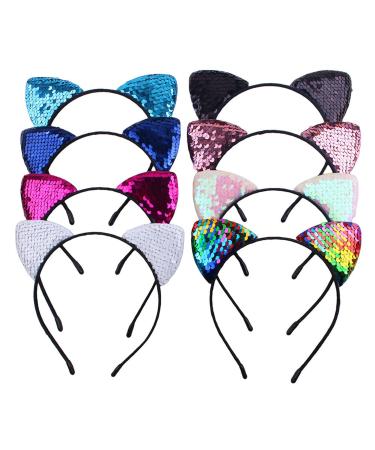 KIPETTO 8Pcs Cat Ears Headbands Reversible Shiny Sequin Hairband Kitty Hair Hoops Hair Accessories for Women Girls Daily