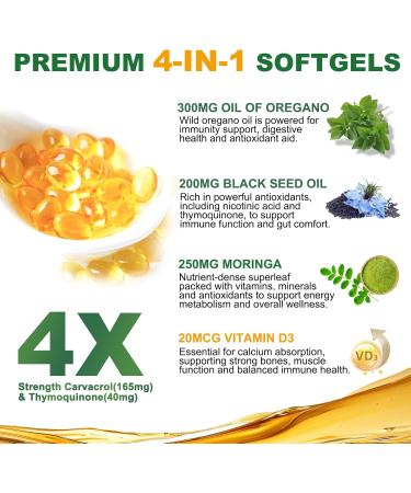 Oil of Oregano Capsules 4-in-1 Organic Oil of Oregano with Black Seed Oil Moringa & Vitamin D3 Softgels for Immune Support Carvacrol & Thymoquinone Non-GMO 300 Softgels- 150 Days Supply - Buy Online on GoSupps.com