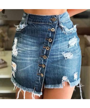 Sanahy Women's Front Split Frayed Mini Denim Pencil Skirt - Dark Washed Button Front Distressed Jean Short Skirt - Buy Online on GoSupps.com