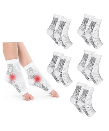 AWAVM 5 Pairs Neuropathy Socks Plantar Fasciitis Socks Neurosocks Compression Socks for Women & Men Ankle Support Brace for Sprained Ankle Breathable Anti-Slip Soothe Socks for Pain Relief (L) (L) L White