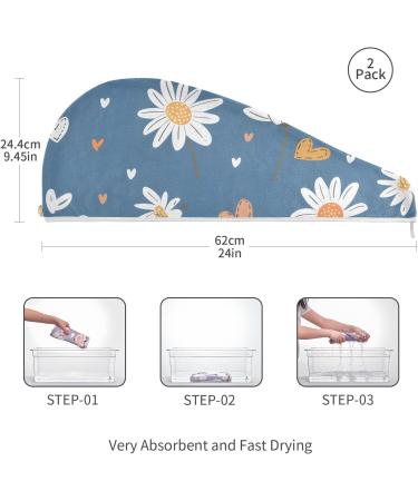 White Daisy Flower Blue Hair Towel 2 Pack | Super Absorbent Quick Dry Hair Turbans for Women & Girls - Buy Online on GoSupps.com