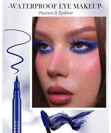 Blue Voluminous Mascara & Waterproof Eyeliner Pen Set- Smudge-Proof Long-Lasting Colored Mascara Liquid Matte Eyeliner 5D Lengthening Curling Thick Lashes Color Mascara Tubing Women Vegan Eye Makeup - Buy Online on GoSupps.com