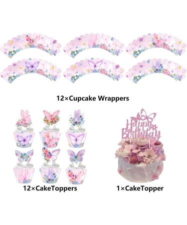 GORWERY Butterfly Cake Decorations 1 Pink Butterfly Happy Birthday Cake Topper 12 Butterfly Cupcake Toppers and Wrappers for Spring Summer Butterfly Theme Party Birthday Baby Shower - Buy Online on GoSupps.com