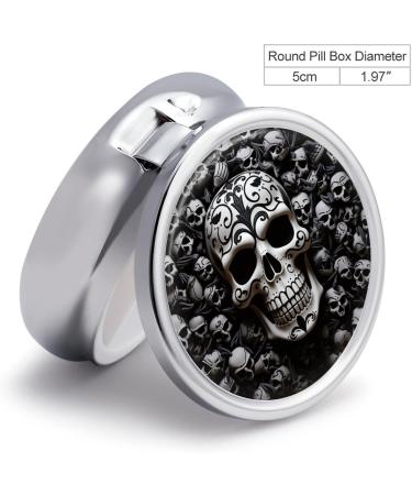 Round Black & White Skulls Pill Box - 3 Compartment Decorative Metal Organizer for Pills - Portable Pocket Case - Buy Online on GoSupps.com