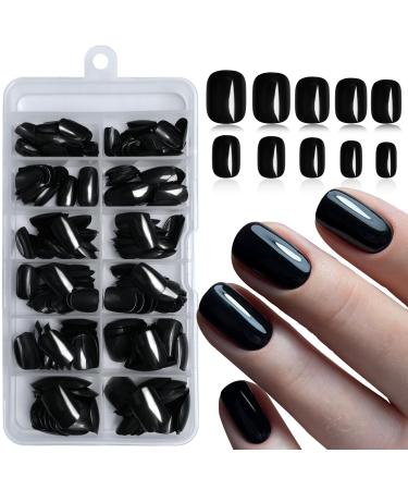 LoveOurHome 240PC Square Press on Nails Short Fake Nail Short Press on Nails Square Black Glue on Nails Full Cover Artificial Fingernail Girls Kids XS Acrylic Nail Press Nail with Adhesive Tabs