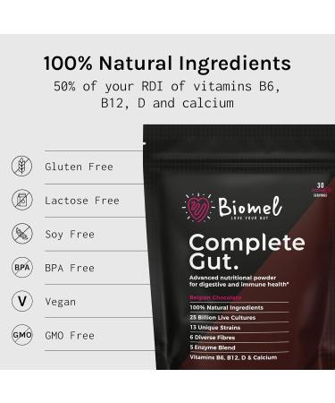 Biomel Complete Gut - Belgian Chocolate - Advanced Gut Health - 450g/30 Servings - Vegan Friendly - Gluten Free - Delicious & Effective - Buy Online on GoSupps.com