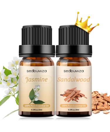 Sedbuwza Sandalwood Jasmine Essential Oil Set Sandalwood Fragrance Oil Jasmine Scent Oil Set for Diffuser Aromatherapy Massage Soap Candle Making 2 x 10 ml Sandalwood + Jasmine