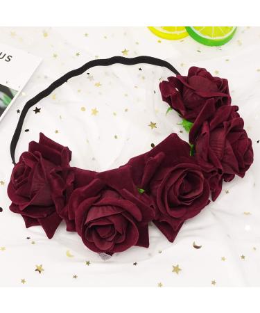 HONBAY Rose Flower Crown Headband - 7cm Red Wine Wedding Festival Hair Garland - Buy Online on GoSupps.com