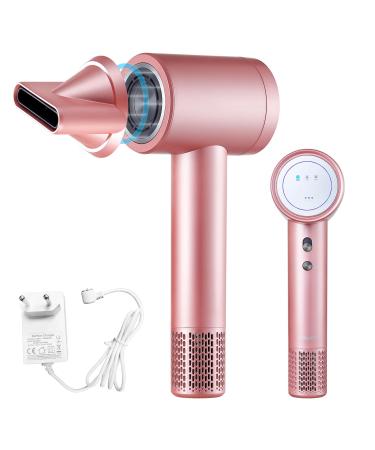Cordless Ionic Hair Dryer with Digital Screen 4 Mode Charging Blow Dryer with Magnetic Nozzle Travel Hair Dryer for Women Kids Outdoor Camping Beaches (Pink) Dightal Screen Pink