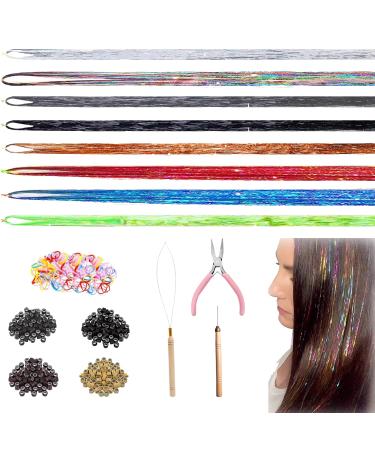 8 Colors Hair Tinsel Kit with Tools VEINARDYL 1.2m Fairy Hair Glitter Hair Tinsel Kit Color Hair Extensions Sparkling Braiding Hair for Girls Women Halloween Cosplay Party - 1600 Strands