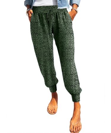 ROSKIKI Womens Leopard Drawstring Elastic Waist Sports Lounge Pants with Pockets Medium Leopard Green