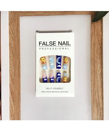 Shop Blue French Tip Press on Nails - Extra Long Coffin Ballerina Design | 24pcs Full Cover Artificial Nails with Sun Moon Clouds - Perfect for Women - Buy Online on GoSupps.com