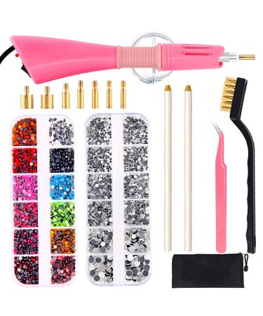 Hotfix Applicator DIY Hot Fix Rhinestone Applicator Wand Setter Tool Kit with 7 Different Sizes Tips Tweezers & Brush Cleaning kit and 2 Pack Hot-Fix Crystal Rhinestones