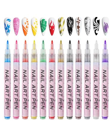 Nail Art Pens 12 Colors Nail Polish Pens Set Waterproof Nail Varnish Pens Quick Dry Nail Art Graffiti Painting Pens DIY Abstract Lines Detail Pen Manicure Polish Tools - (0.7mm Plastic Pen Nib)
