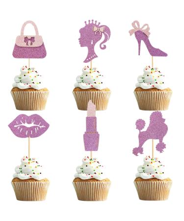 UXYOKM 24 Pcs Princess Cupcake Toppers Pink Glitter High Heel Lipstick Bow Tie Handbag Cupcake Picks Wedding Bridal Shower Girls Birthday Party Cake Decorations Supplies