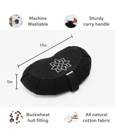 Large Crescent Meditation Cushion - Mindful & Modern Zafu Yoga Bolster Seat with Carry Handle | Removable Washable Cover | Buckwheat Filled | Minimal Black - Buy Online on GoSupps.com