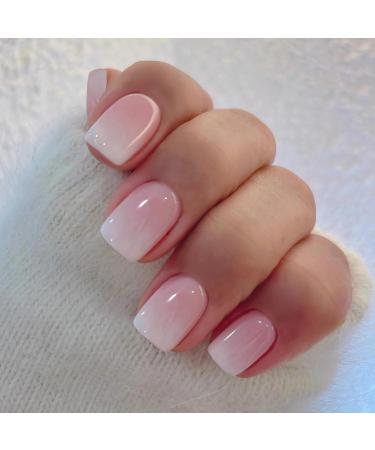 Square Press on Nails - Short Ombre Pink Faux Nails | Qsnidy French Glossy Acrylic Full Cover | Reusable Stick On Nails for Women & Girls - 24 Nails Kit in 12 Sizes - Buy Online on GoSupps.com