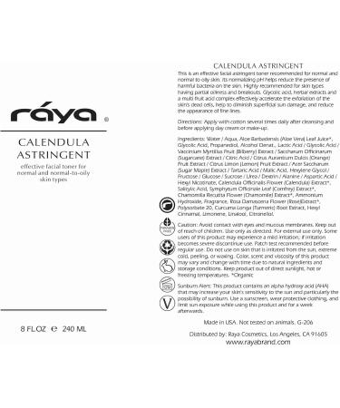 RAYA Calendula Astringent with AHA - 6 oz Glycolic Facial Toner for Combination & Oily Skin | Normalize pH & Fight Break-Outs | Alpha Hydroxy Acids - Buy Online on GoSupps.com