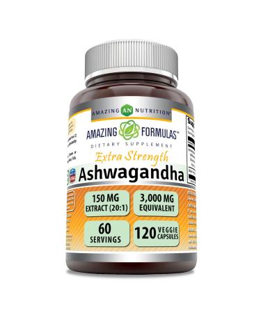 Amazing Formulas Ashwagandha Extract Supplement | 150 Mg Extract (20:1) | Equivalent to 3 000 Mg | Veggie Capsules | Non-GMO | Gluten-Free | Made in USA (1 Pack | 120 Count) Unflavored 1 Count (Pack of 1)
