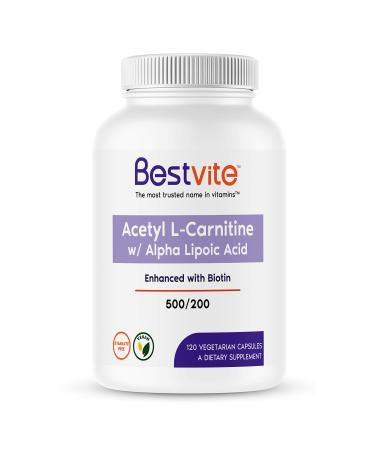 Acetyl L-Carnitine 500mg & Alpha Lipoic Acid 200mg per Capsule with Biotin (120 Vegetarian Capsules) - No Stearates - Vegan - Non GMO - Gluten Free 120 Count (Pack of 1)