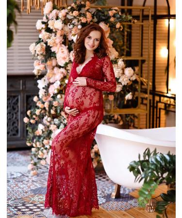 BUOYDM Maternity Lace Photography Dress Maxi - Elegant Props for Photo Shoots - M Burgundy Red - Buy Online on GoSupps.com