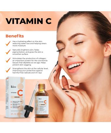 KIZZ Vitamin C Serum with Hyaluronic Acid, Vitamin E, Aloe & Jojoba Oil - Brightens and Moisturizes Skin, Reduces Fine Lines and Wrinkles - 2 fl. Oz - Buy Online on GoSupps.com