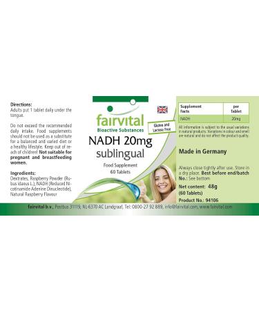 Fairvital NADH 20mg Sublingual Vegan Tablets - 60 Count | Energy Boost & Focus Support - Buy Online on GoSupps.com